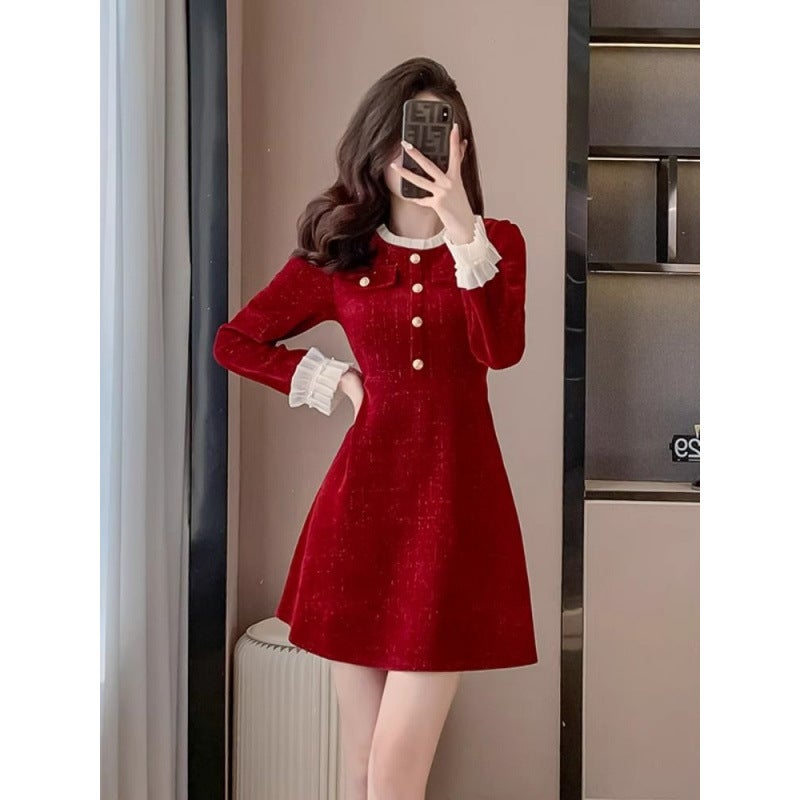 Temperament Socialite Red Dress Waist Slimming Skirt French Niche New Year'S Robe - Image 2